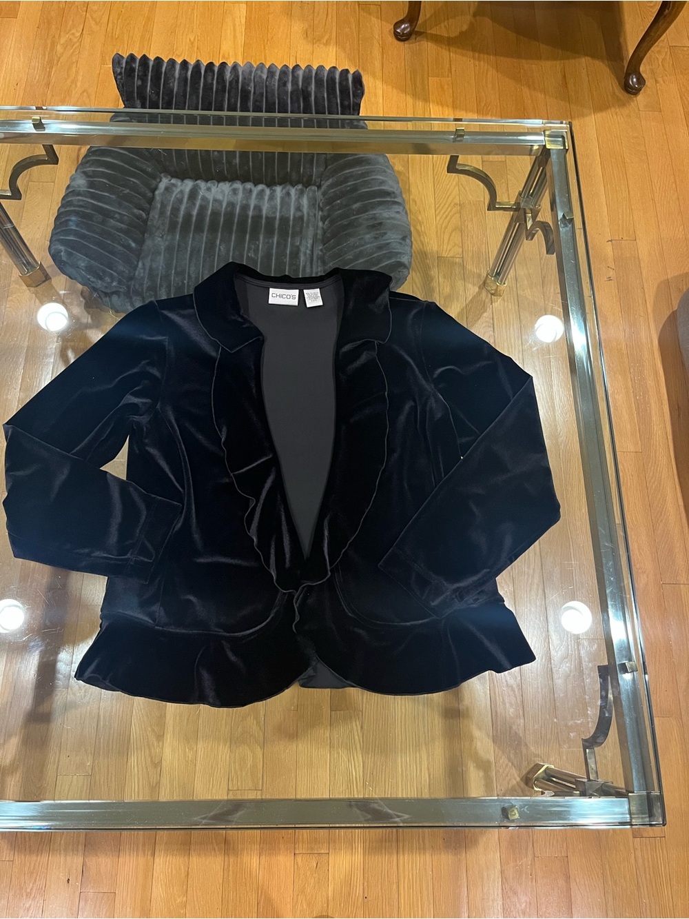 Chico's Black Velvet Ruffle-Trim Blazer Jacket